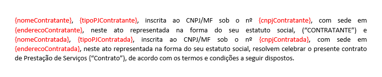 imagem mostra um exemplo de contrato preparado por automatização, onde algumas informações aparecem como variável