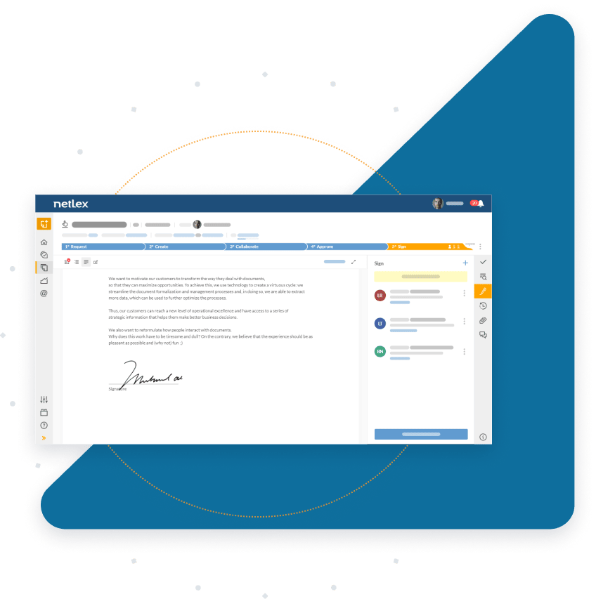 Netlex internal screen, which represents the last stage of a document's workflow, in which the file is sent for electronic signature. netLex has native integrations with the best electronic signature providers, so you can send the file for signature directly through the platform. In the image, the signatures tab is open on the right side of the screen. It indicates the people who will receive the document for signature. This functionality helps companies speed up the document signing step, sharing information between netLex and the digital signature provider so that the collaborator does not have the rework of manually sending the document to those responsible for the signature.