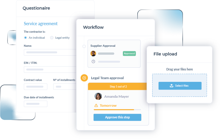 Netlex internal screen, which represents the questionnaire, which will be filled out by employees with information that must be included in the document. The platform then inserts this information automatically into the file's default template, generating a new document at the end. In the highlight is the tab to send a request to other users within the platform. This feature helps to make document preparation more efficient, eliminating the need to fill in the document manually, making this task more agile and secure.