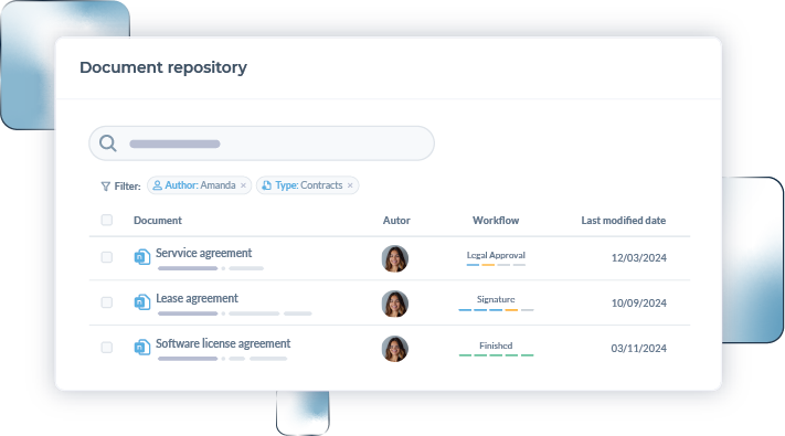 Netlex internal screen. In this image, the right side tab of netLex is highlighted, with the selection of the signature icon. This icon, once selected, opens a tab to indicate who is responsible for the signature. In the lower left corner of the image there is a signature image to illustrate the result. This functionality helps companies speed up the document signing step, sharing information between netLex and the digital signature provider so that the collaborator does not have the rework of manually sending the document to those responsible for the signature.