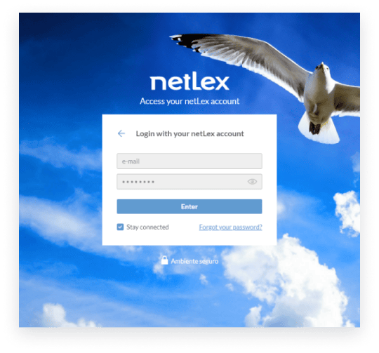 Login screen with email and password to enter netLex, a contract, document and workflow management software that helps companies from all areas of the market to make their creation, approval, review, signature, storage and document management more efficient.