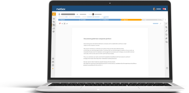 Open notebook showing an internal screen of netlex, a contract, document and workflow management software that helps companies in all areas of the market to make the processes of creating, approving, reviewing, signing, storing and managing documents more efficient. The screen represents a stage of the document’s workflow, in which the file content is displayed in the central part of the platform.
