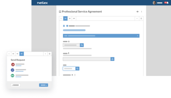 Netlex internal screen, which represents the questionnaire, which will be filled out by employees with information that must be included in the document. The platform then inserts this information automatically into the file's default template, generating a new document at the end. In the highlight is the tab to send a request to other users within the platform. This feature helps to make document preparation more efficient, eliminating the need to fill in the document manually, making this task more agile and secure.