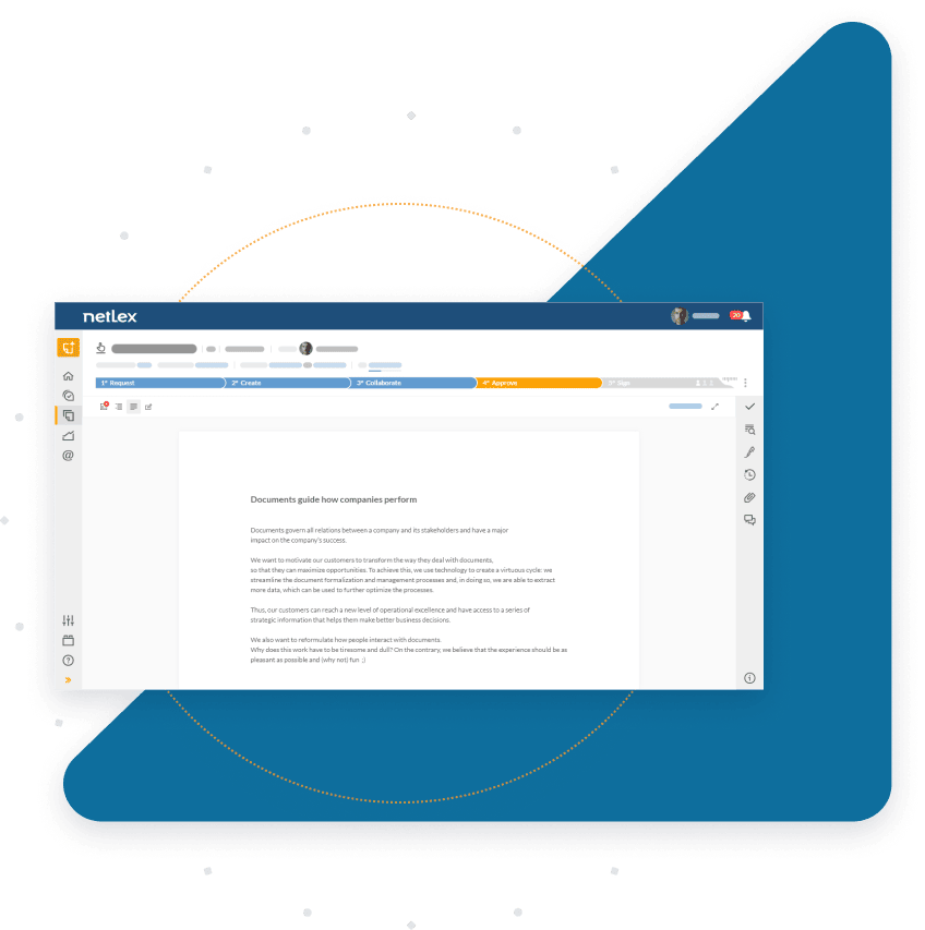 Netlex internal screen, which represents a document workflow step and has, in the center, an open document page. This functionality helps to optimize the entire management of the lifecycle of contracts and other documents, avoiding rework and eliminating bottlenecks throughout the operations of large companies.